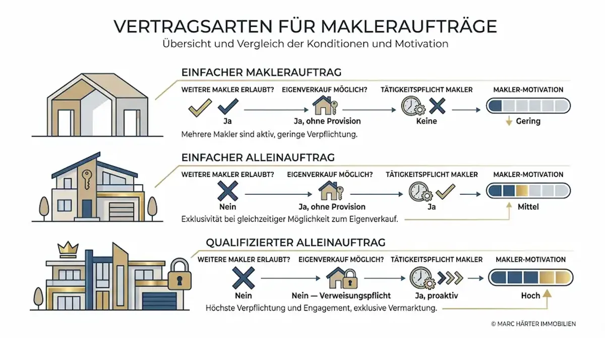 Arten von Maklerverträgen: Einfacher Auftrag, Alleinauftrag und qualifizierter Alleinauftrag im Vergleich