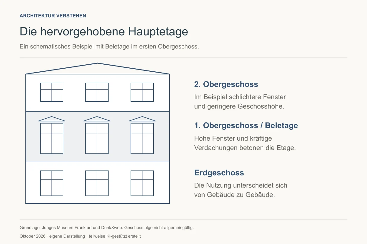 Schematische Fassade mit hervorgehobener Hauptetage über dem Erdgeschoss - Immobilienmakler Frankfurt - Marc Härter Immobilien