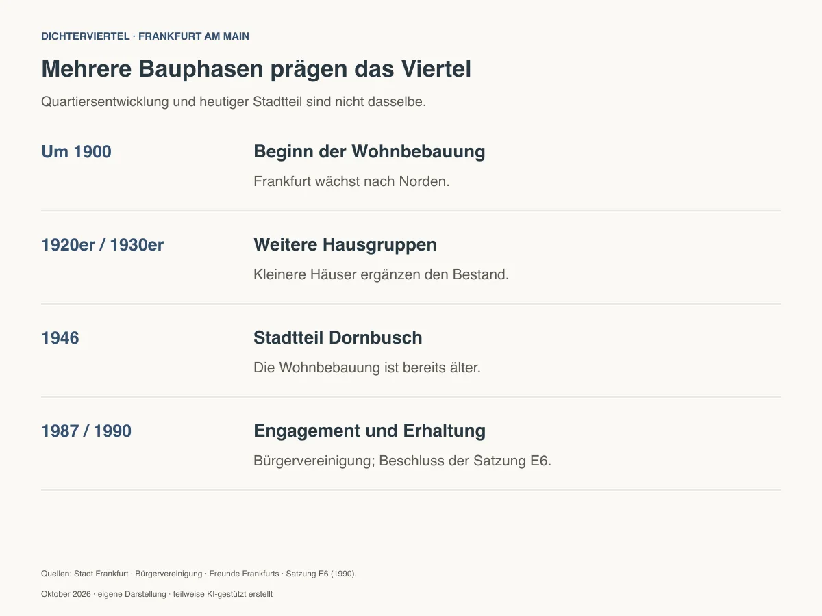 Zeitleiste zur Entwicklung des Dichterviertels, zur Bildung des Stadtteils Dornbusch und zur Erhaltungssatzung E6 - Immobilienmakler Frankfurt - Marc Härter Immobilien