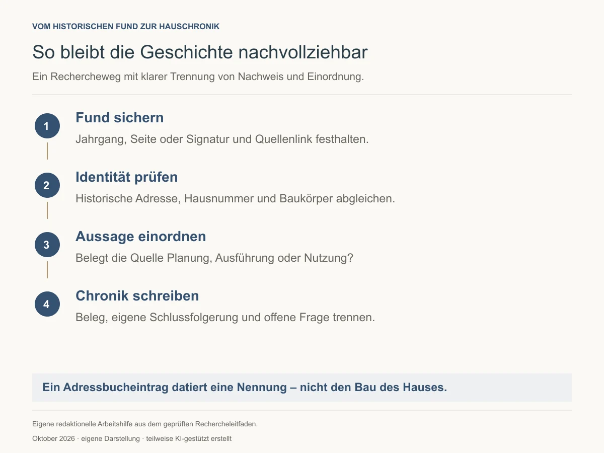 Rechercheweg vom historischen Fund zur belegten Hauschronik mit Dokumentation der Quelle, Einordnung und offenen Fragen - Immobilienmakler Frankfurt - Marc Härter Immobilien