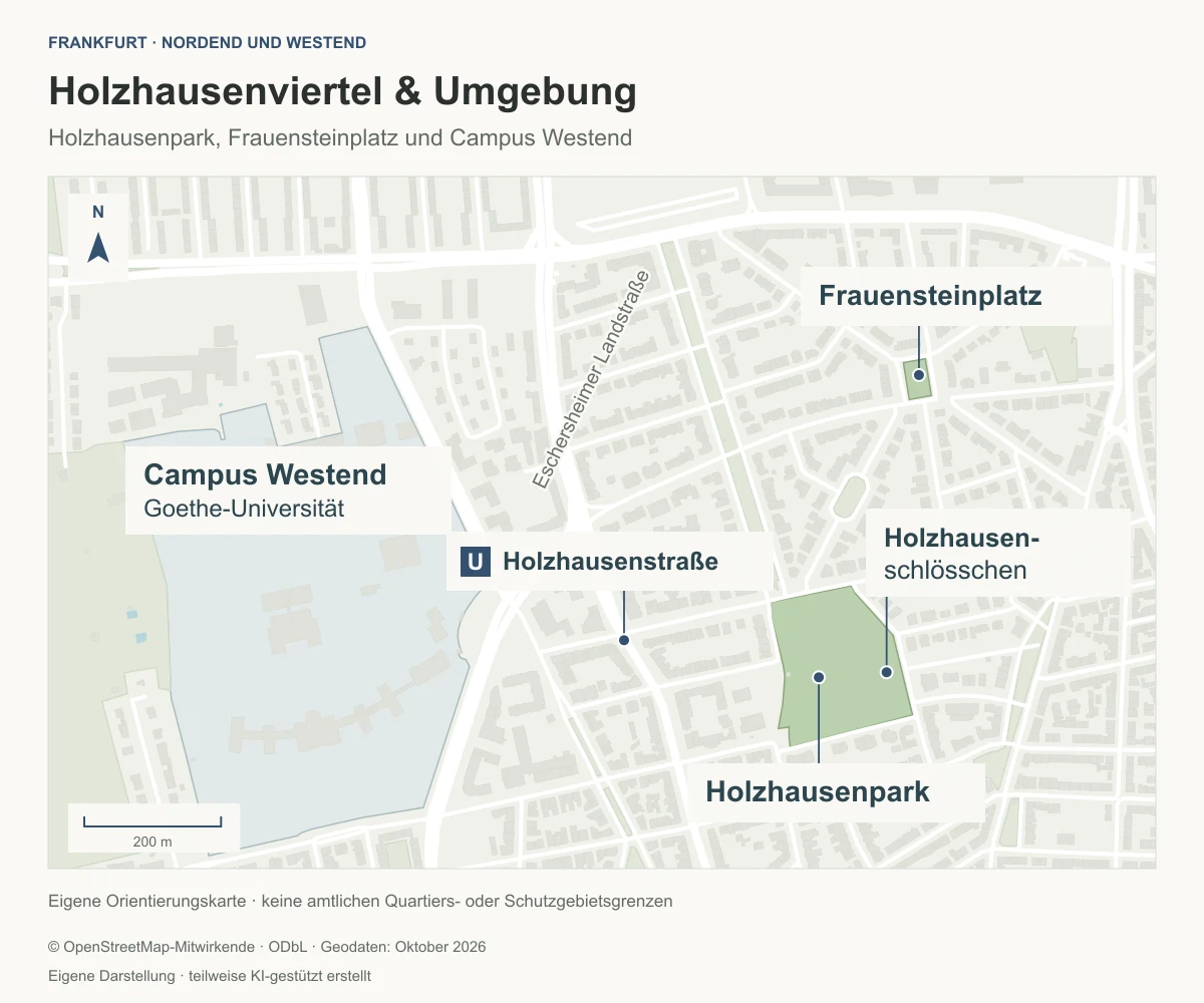 Karte mit Holzhausenpark, Holzhausenschlösschen, U-Bahn Holzhausenstraße, Frauensteinplatz und Campus Westend der Goethe-Universität - Immobilienmakler Frankfurt - Marc Härter Immobilien