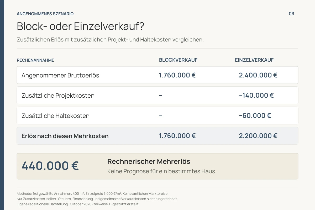 Illustrativer Vergleich von Blockverkauf und Einzelverkauf nach zusätzlichen Projekt- und Haltekosten - Immobilienmakler Frankfurt - Marc Härter Immobilien
