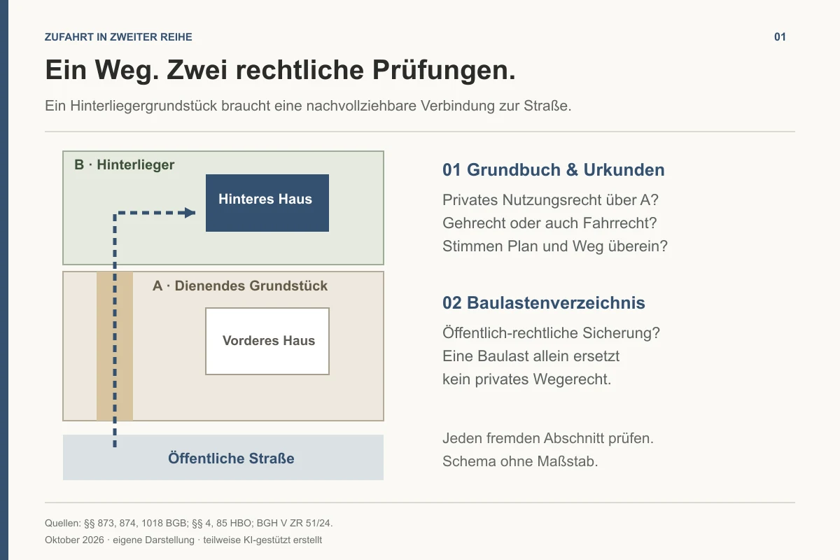 Schematische Zufahrt zu einem Hinterliegergrundstück und die Prüfung von Grundbuch, Urkunden und Baulast - Immobilienmakler Frankfurt - Marc Härter Immobilien