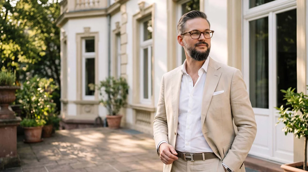 Marc Härter im hellen Anzug auf der Terrasse einer historischen Villa