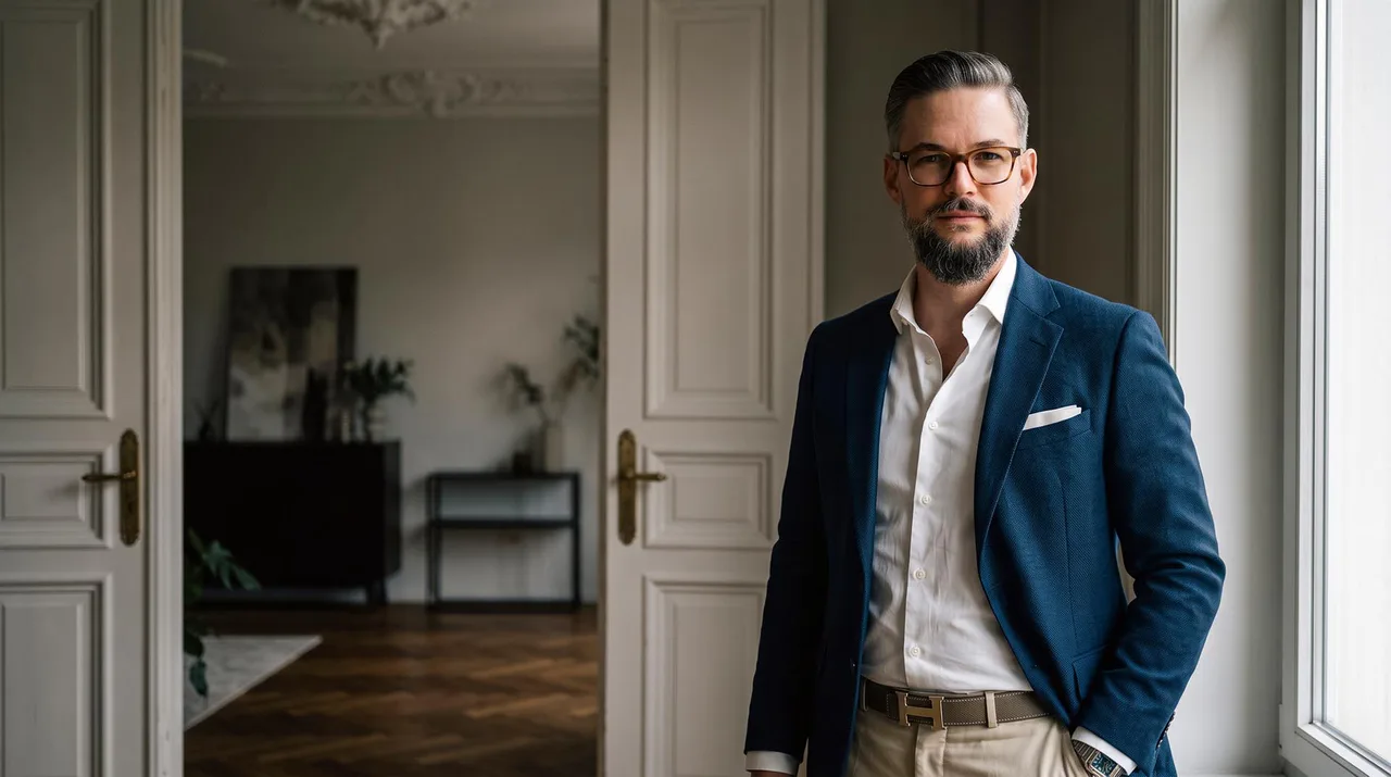 Marc Härter, Luxusimmobilienmakler in Frankfurt, in einem Altbau am Fenster