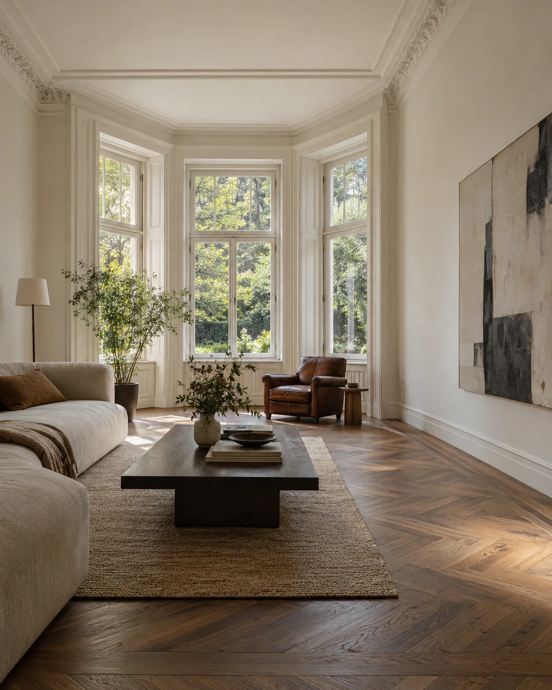 Visualisierung eines Altbau-Salons mit Erker, Stuck und dunklem Eichenparkett