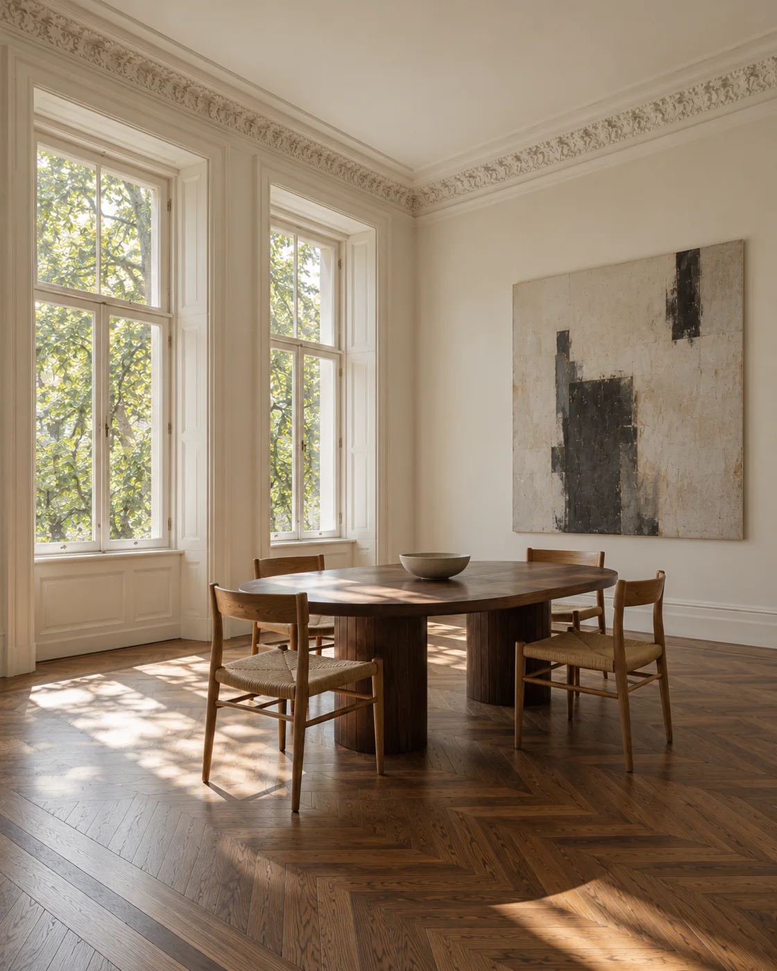 Visualisierung eines hohen Altbau-Esszimmers mit Stuck, großen Fenstern und Eichenparkett