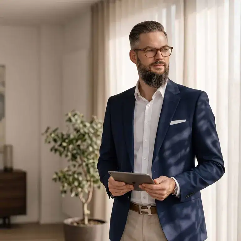 Marc Härter mit Tablet in einem Wohnraum
