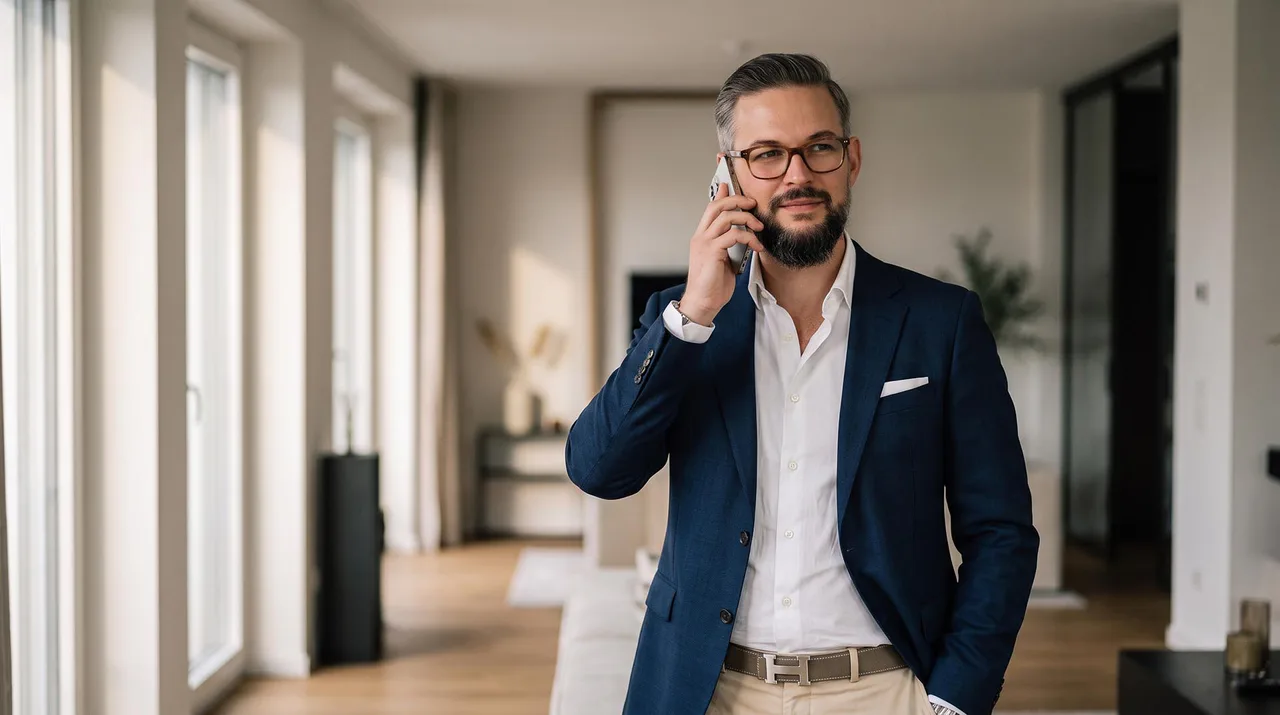 Marc Härter im Telefongespräch in einem hellen Wohnraum