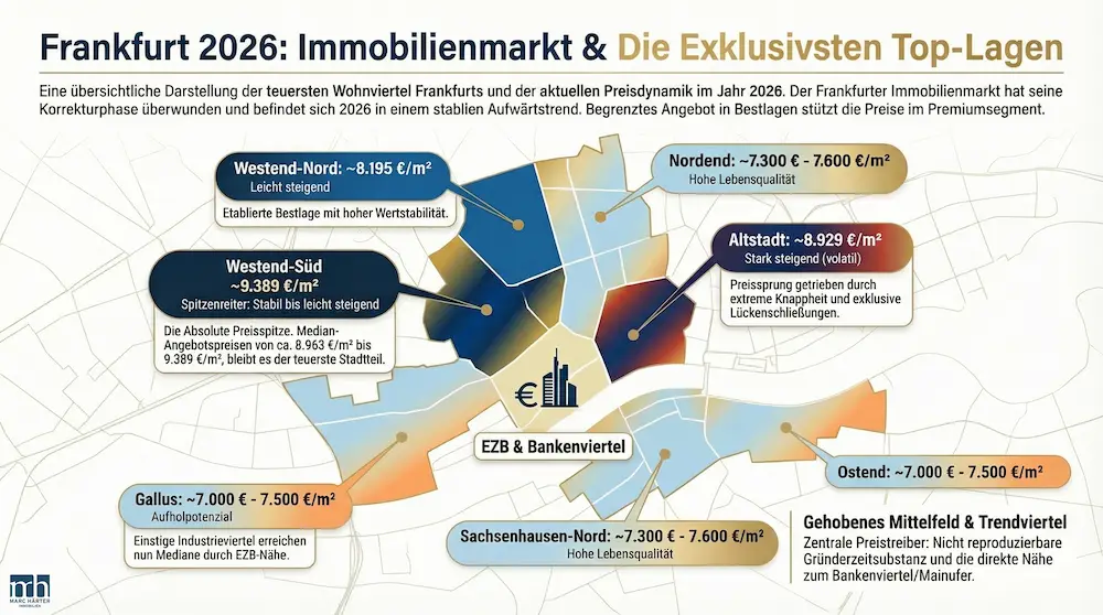 Die teuersten Viertel in Frankfurt: Aktuelle Preise, Stadtteile und Marktdaten Q1 2026 Frankfurt Exklusive Top Lagen Karte mit Preise - Marc Härter Immobilien - Premium-Immobilienmakler in Frankfurt